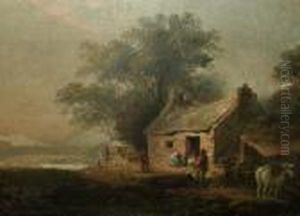 Figures By A Cottage With Woodland And Mountains Beyond