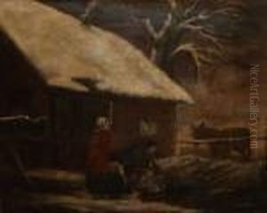 Figures With Donkey By A Snow-coveredcottage In Winter