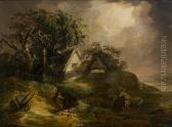 A Stormy Landscape With Farmers Seekingshelter And A Horse Frightened By Lightning - view 1