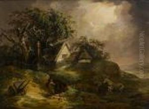 A Stormy Landscape With Farmers Seekingshelter And A Horse Frightened By Lightning