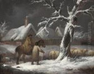 A Winter Landscape With Figures And Their Sheep On A Track by George Morland