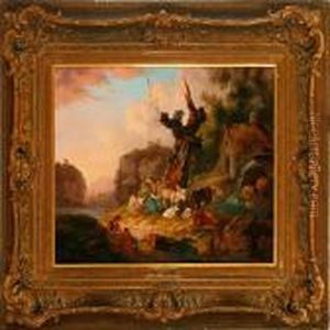 Romantic Scenery With A Family And Cows Near A Stream by George Morland