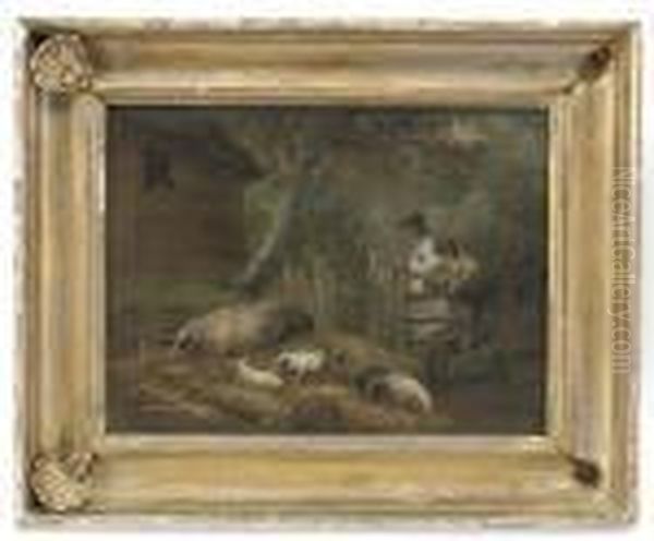 Depicting Two Figures Admiring Their Pigs In A Gilt-wood Frame - view 1