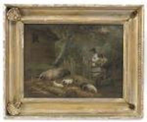 Depicting Two Figures Admiring Their Pigs In A Gilt-wood Frame