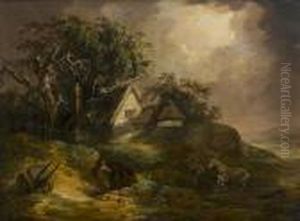 A Stormy Landscape With Farmers Seeking Shelter And A Horse Frightened By Lightning