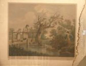' Summer Amusement ' - A Man Fishing At A Stream With Two People Watching From A Bridge by George Morland