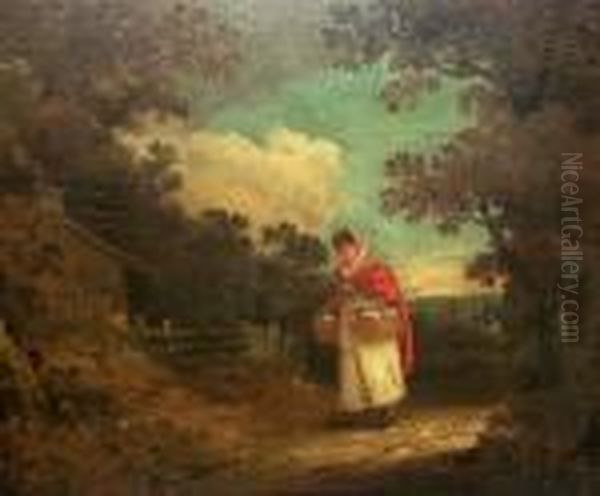 Woman Carrying A Basket By A Cottage In A Wooded Landscape - view 1