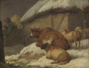 A Winter Landscape With Sheep And A Cow by George Morland