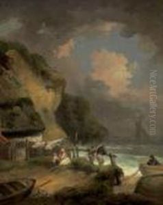 A Rocky Coast With Fishermen By A Cottage