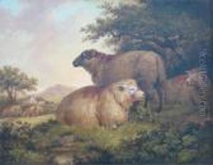 Sheep By A Wood A Cottage Beyond by George Morland