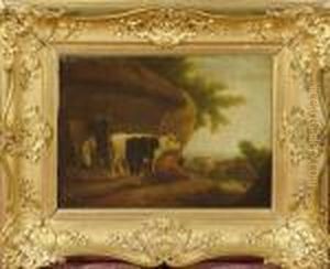 Cattle By A Barn Watched Over By A Farmer And His Wife. by George Morland