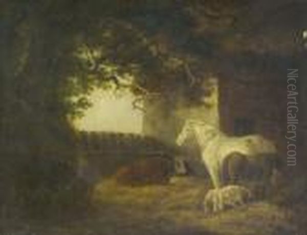 Farmyard Scene With A Man
Feeding Pigs, Horses, Cattle And A Dog Nearby Bears Initials "gm",
Indistinctly Dated, Also Inscribed On An Old Label Verso "landscape With
Farm Animals" And Numbered "32" With Further Loan Details - view 1
