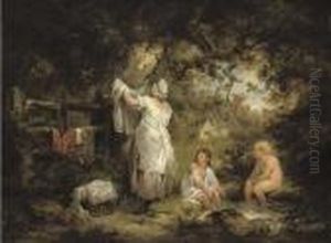 A Woman With Two Children By A Pool