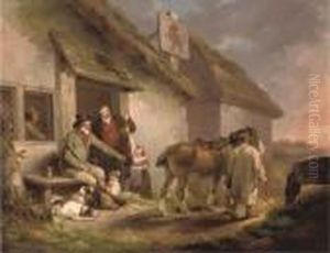A Game Keeper With Other Figures, Dogs And A Horse Outside The Red Lion Inn At Sunset