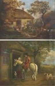 Together With Figures Before A Thatched Cottage Together With Figures Before A Thatched Cottage