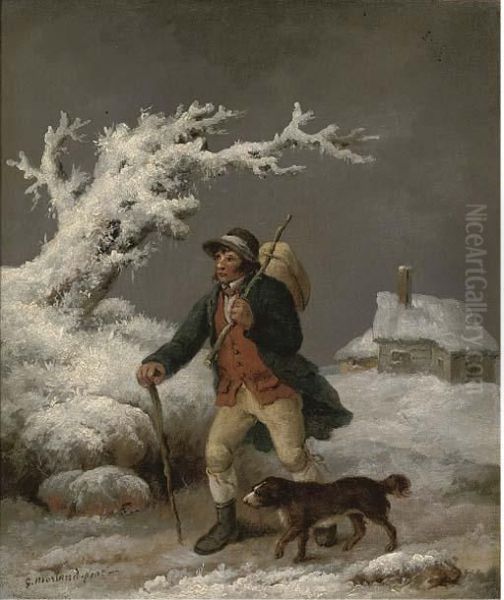 A Cottager And His Dog In A Winter Landscape - view 1