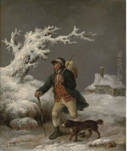 A Cottager And His Dog In A Winter Landscape by George Morland