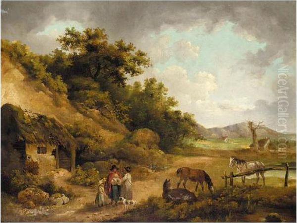Peasants Talking Outside A Ruined Cottage In A Landscape By The Coast - view 1
