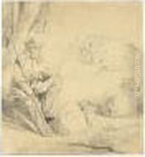 A Shepherd Sitting Under A Tree With His Sheep - view 1