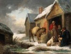 A Traveller Taking Refreshment Outside A Cottage In Winter by George Morland