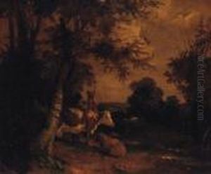 Figures With Cattle And Sheep In A Wooded Landscape by George Morland