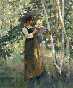 Mother And Child By The Hearth by Theodore Robinson