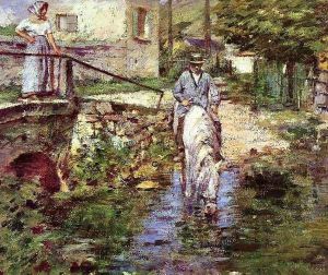 Pere Trognon And His Daughter At The Bridge by Theodore Robinson