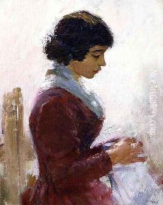 Girl in Red, Sewing by Theodore Robinson
