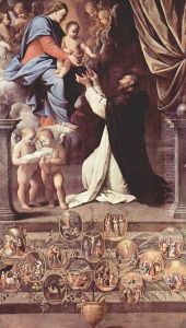 Rosary Madonna, scene, Mary with St. Dominic, two angels and medallions with representation scenes from the life of