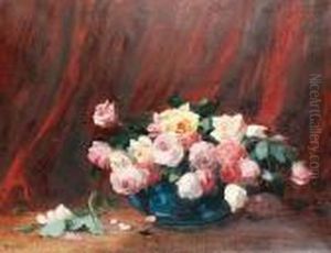 Still Life Of Roses In A Blue Bowl