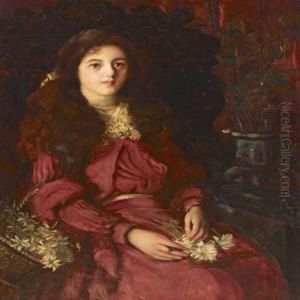 Seated Girl Ina Red Dress With Basket Of Flowers
