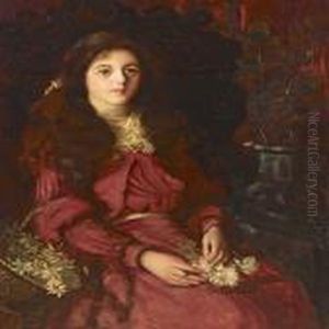 Seated Girl In A Red Dress With Basket Of Flowers