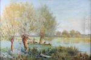 Bushey, Hertfordshire, With
Figures By The Banks Of The Thames, And Another Similar With Figures
Picnicking, A Pair by Thomas E. Mostyn