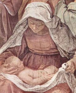 Frescoes in the Palazzo Quirinale, Cappella dell'Annunciata, entrance wall, scene, Maria birth, Detail 2 by Guido Reni
