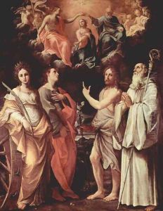 Marien's coronation with St. Catherine of Alexandria, St. John Evangelist, St. John the Baptist, St. Romuald of Cam by Guido Reni