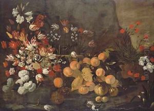 Oranges and lemons with tulips, chrysanthemums, lilies, peonies and other flowers in a vase, in a landscape with carnations and an orchid by Giovanni Battista Ruoppolo