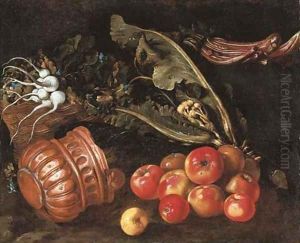 Turnips in a basket with cauliflower, cardoon, apples and a copper pot on a ledge by Giovanni Battista Ruoppolo