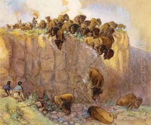 Driving Buffalo Over the Cliff by Charles Marion Russell