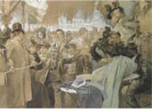 Rejouissances Devant L'hotel De Ville Pour La Venue Des Souverains Russes by Alphonse Maria Mucha