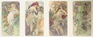'four Seasons': A Set Of Four Colour Lithographs, Early 20th Century by Alphonse Maria Mucha