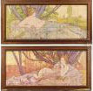 Pair Of Tile Panels ````aurore' And ````crepuscule', Circa 1900 by Alphonse Maria Mucha