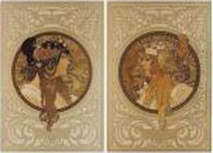 Tete Byzantine - Brunette; And Tete Byzantine - Blonde (academy Editions P.15a; And 16a) by Alphonse Maria Mucha