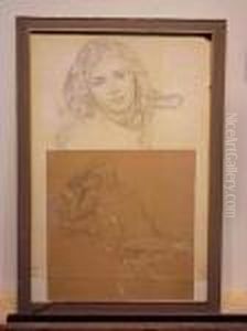 Study Of A Young Girl's Head And Reclining Nude: Two by Alphonse Maria Mucha