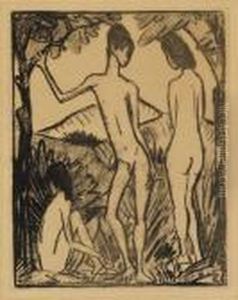 Stehender Knabe Und Zweimadchen 2 by Otto Mueller