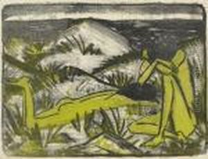 Ein In Dunen Sitzendes Und Ein Liegendes Madchen (zwei Madchen Inden Dunen, Sylt) by Otto Mueller