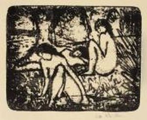 "zwei Sitzende Madchen Vor Liegender Figur" by Otto Mueller