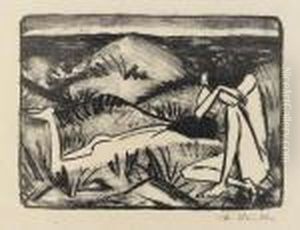 Ein In Dunen Sitzendesund Ein Liegendes Madchen (zwei Madchen In Den Dunen,sylt) by Otto Mueller