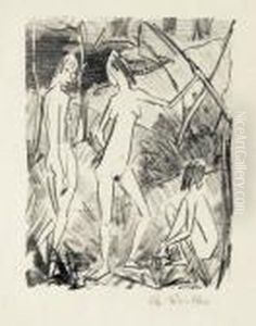 Zwei Stehende Und Ein Sitzendes Madchen by Otto Mueller
