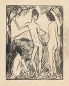 Stehender Knabe Und Zwei Madchen 2 by Otto Mueller