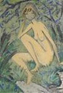 Sitzender Akt In Landschaft by Otto Mueller